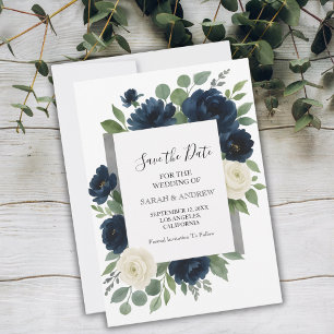 Save The Date Mariage Floral Élégant Bleu Nuit & Ivoire