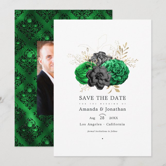 Save The Date Mariage floral émeraude et or foncé (Devant / Derrière)