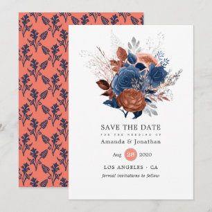 Save The Date Mariage floral en corail, bleu marine et argent