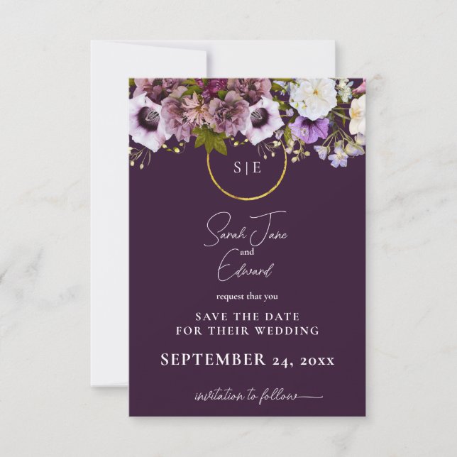 Save The Date Mariage Floral Fraîche Purple Vertical Enregistrer (Devant)