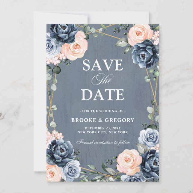 Save The Date Mariage floral géométrique bleu foncé (Devant)