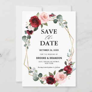 Save The Date Mariage Floral Géométrique Moderne Rouge Bourgogne