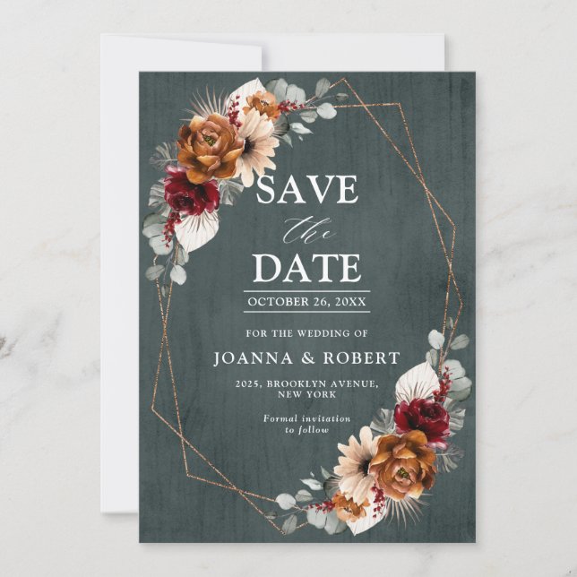 Save The Date Mariage Floral Géométrique Terracotta, Sauge et Bo (Devant)
