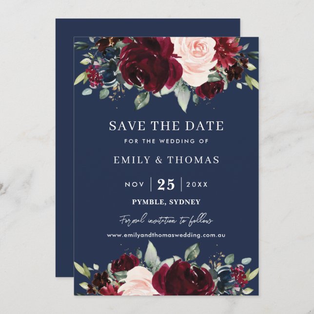 Save The Date Mariage Floral Greenery Navy Teinte Bourguignonne  (Devant / Derrière)