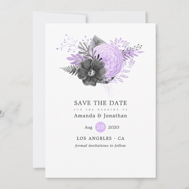 Save The Date Mariage floral Lilac et Charcoal (Devant)