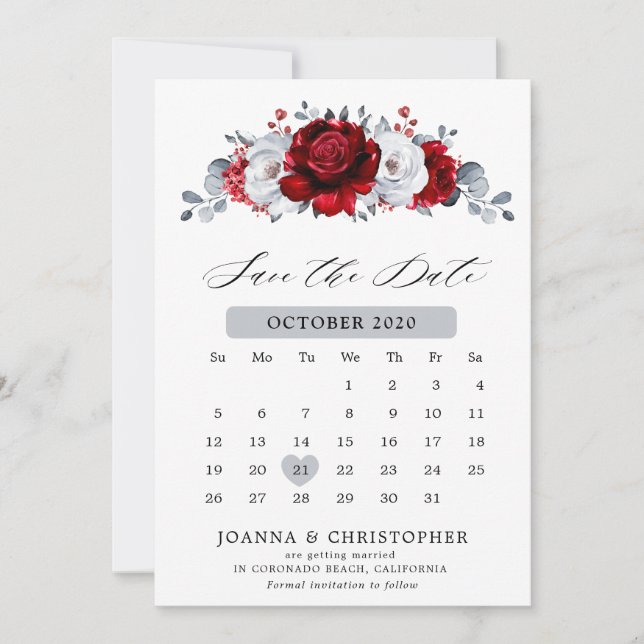 Save The Date Mariage Floral Métallisé Rouge Royal Blanc Argent (Devant)