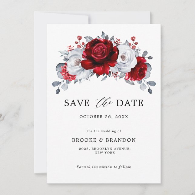 Save The Date Mariage Floral Métallisé Rouge Royal Blanc Argent (Devant)