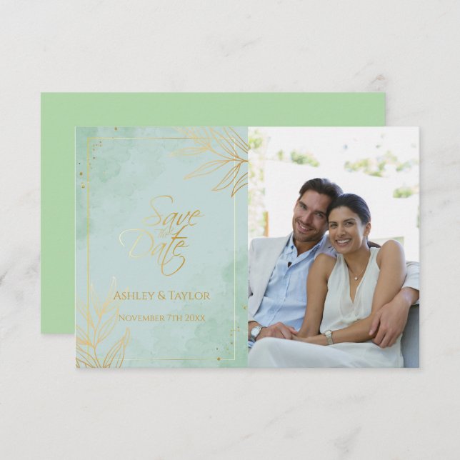 Save The Date Mariage floral Mint & Gold (Devant / Derrière)