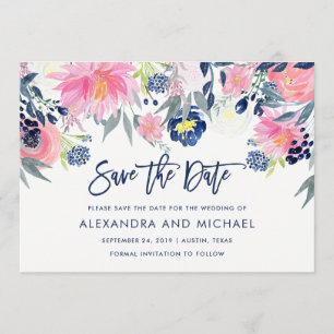 Save The Date Mariage floral moderne Blush et Navy Sauvez la dat