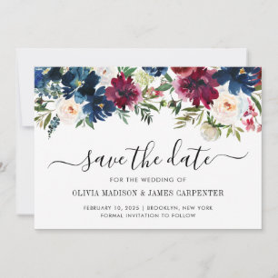 Save The Date Mariage Floral Moderne de Pivoine Rouge Bourgogne 