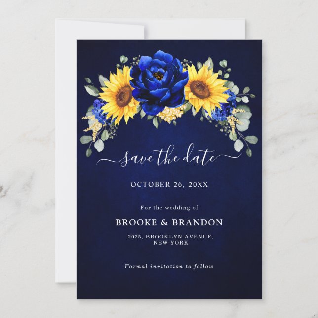 Save The Date Mariage Floral Moderne Tournesol Rustique Bleu Roy (Devant)