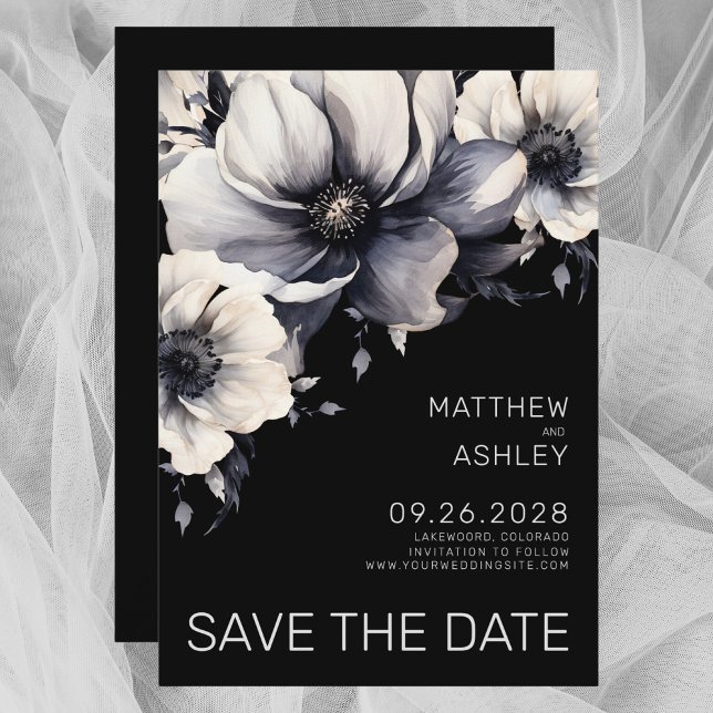 Save The Date Mariage floral noir blanc moderne (Modern Elegant Black White Floral Wedding Save the Date)