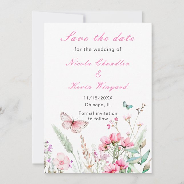 Save The Date Mariage floral papillon rose de printemps (Devant)