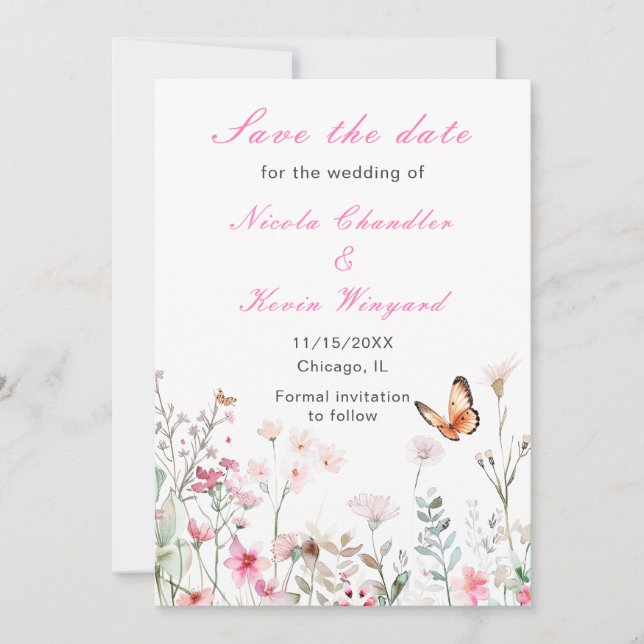 Save The Date Mariage Floral Papillon Rose Profond de Printemps (Devant)