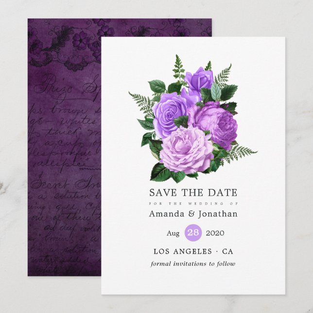 Save The Date Mariage floral pourpre et vert (Devant / Derrière)