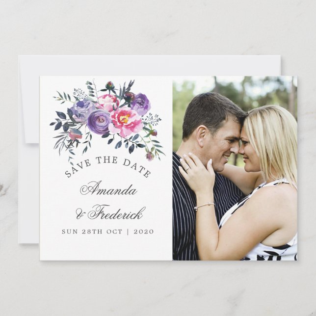 Save The Date Mariage floral prune et rose Enregistrer la date (Devant)