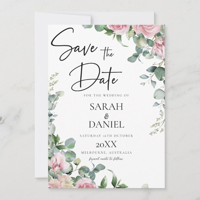 Save The Date Mariage floral rose aquarelle (Devant)
