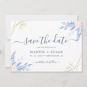 Save The Date Mariage floral rose géométrique bleu Dusty