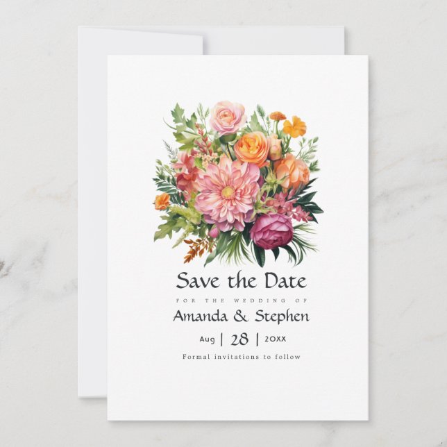 Save The Date Mariage floral rose, orange et vert (Devant)