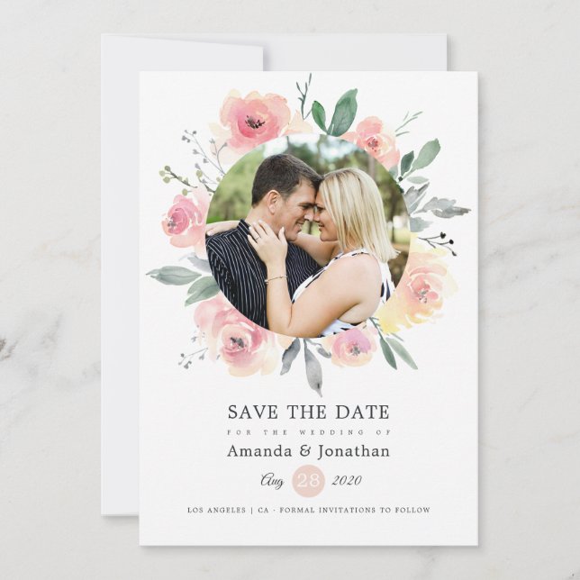 Save The Date Mariage Floral Rose Pâle Pastel (Devant)
