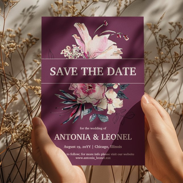 Save The Date Mariage floral rose Plum Enregistrer la date (Créateur téléchargé)
