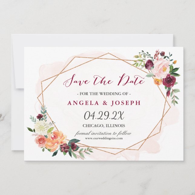 Save The Date Mariage floral rose rose romantique Enregistrer la (Devant)