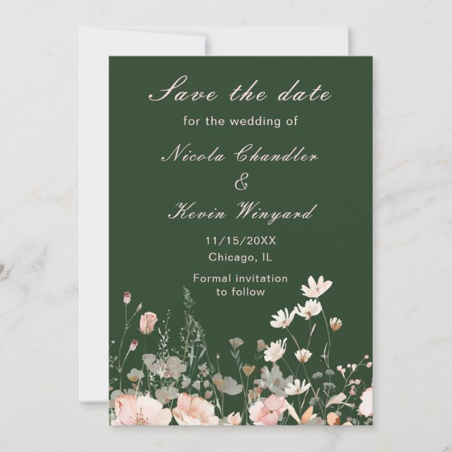 Save The Date Mariage floral rose rose rose fleur sauvage (Devant)