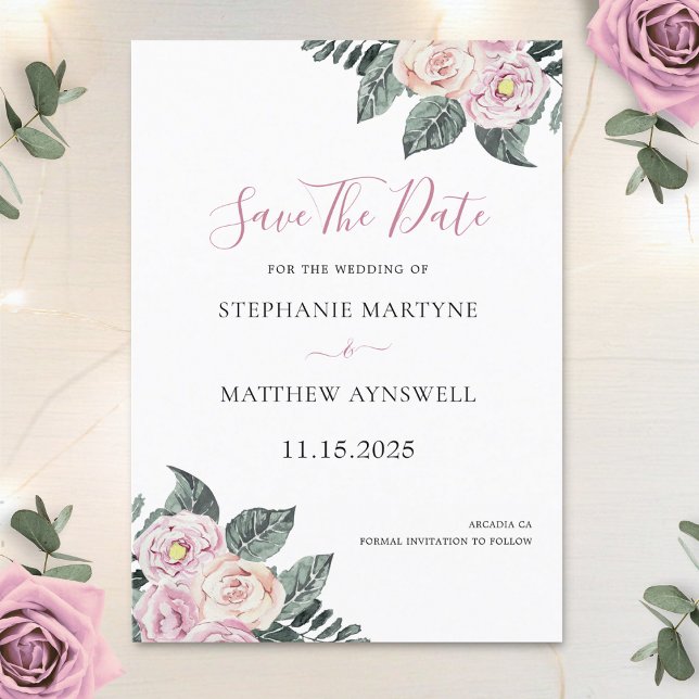 Save The Date Mariage Floral Roses Aquarelle Poudrées Rose Foncé (Créateur téléchargé)