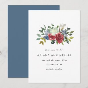 Save The Date Mariage floral rouge et bleu rustique