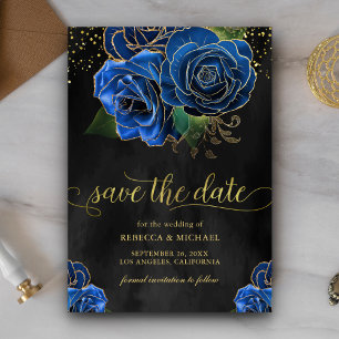 Save The Date Mariage Floral Royal Bleu Or Noir Rustique
