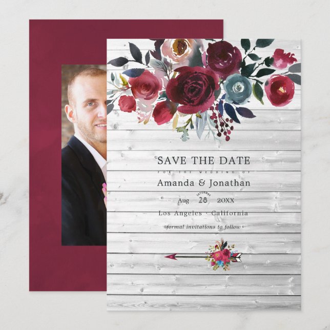 Save The Date Mariage Floral Rustique Boho Chic Bourgogne et Nui (Devant / Derrière)
