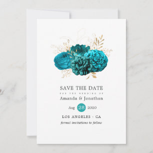 Save The Date Mariage Floral Sarcelle et Or Vintage