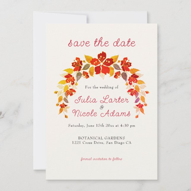 Save The Date Mariage Floral Tropical Hibiscus Orange Brûlé (Devant)