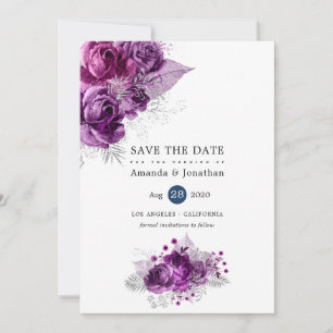 Save The Date Mariage floral tropical pailleté prune et marine