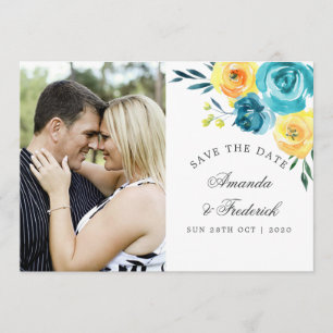 Save The Date Mariage floral turquoise et jaune Enregistrer la d