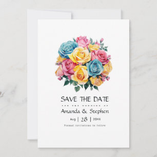 Save The Date Mariage floral turquoise, jaune et rose