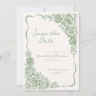 Save The Date Mariage floral vert de l'aire lunaire dessiné à la