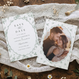Save The Date Mariage Floral Vintage Ovale Vert Sauge Français