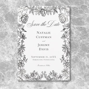 Save The Date Mariage Floral Vintage Tapisserie Noir & Blanc