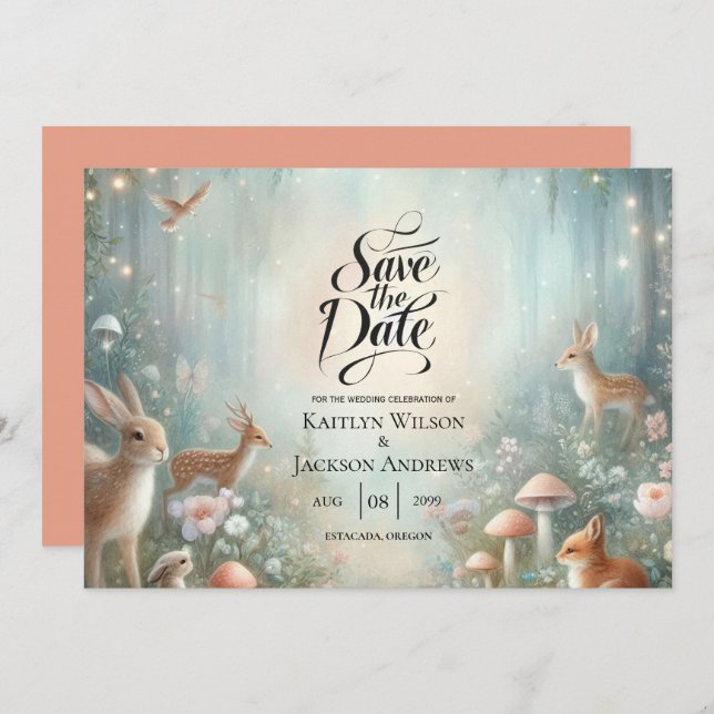 Save The Date Mariage forestier turquoise et de pêche enchantée (Devant / Derrière)