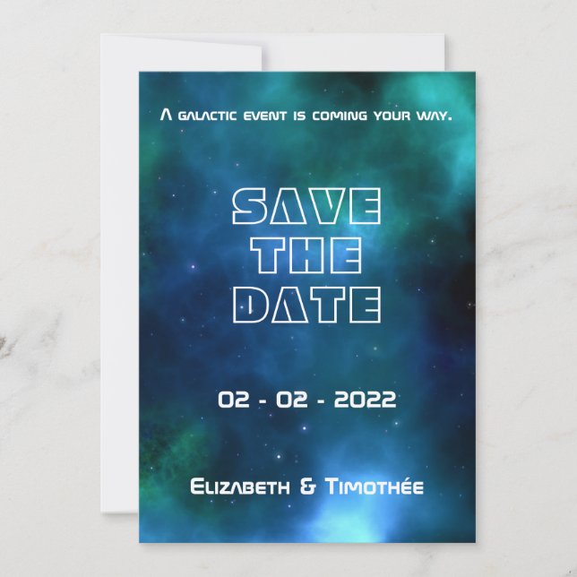 Save The Date Mariage Galaxy bleu et vert (Devant)