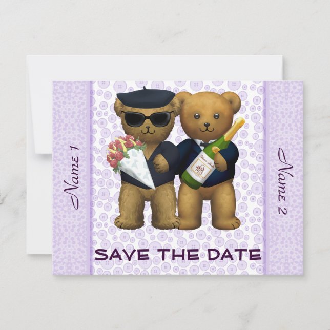 Save The Date Mariage gay - Enregistrer la date - lilas Nounours (Devant)