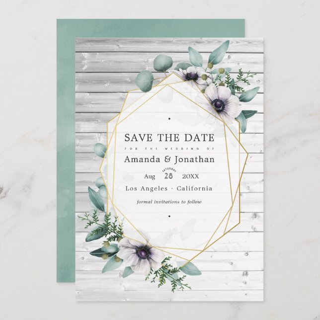 Save The Date Mariage géométrique à l'anémone d'eucalyptus rusti (Devant / Derrière)