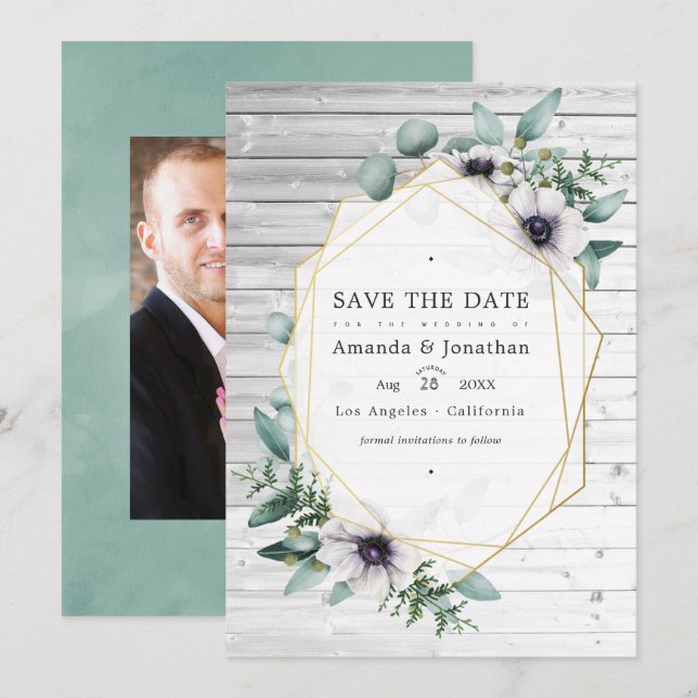 Save The Date Mariage géométrique à l'anémone eucalyptus rustiqu (Devant / Derrière)