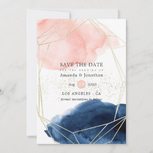 Save The Date Mariage géométrique à l'aquarelle bleu marine et r