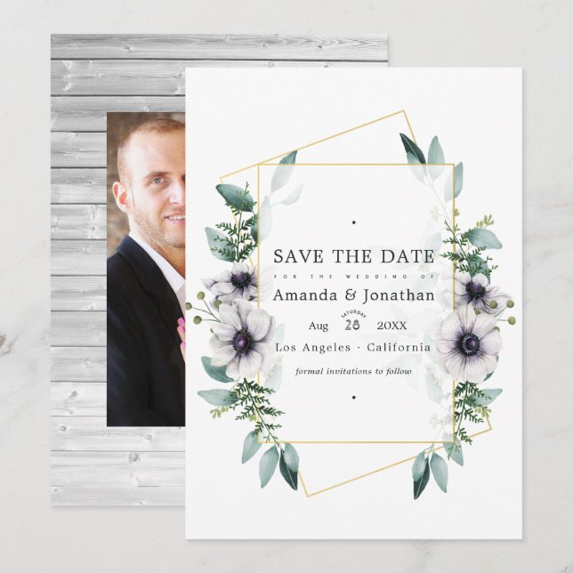 Save The Date Mariage géométrique à l'aquarelle Eucalyptus Anémo (Devant / Derrière)