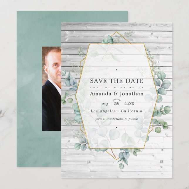 Save The Date Mariage géométrique à l'aquarelle rustique eucalyp (Devant / Derrière)