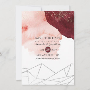 Save The Date Mariage géométrique aquarelle Bourgogne et rose te