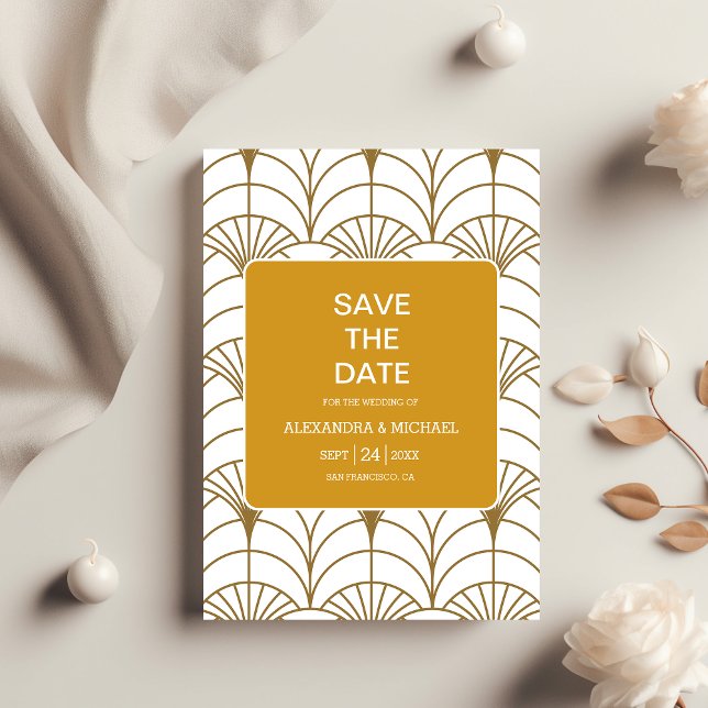 Save The Date Mariage Géométrique Art Déco Gold White Gatsby (Créateur téléchargé)