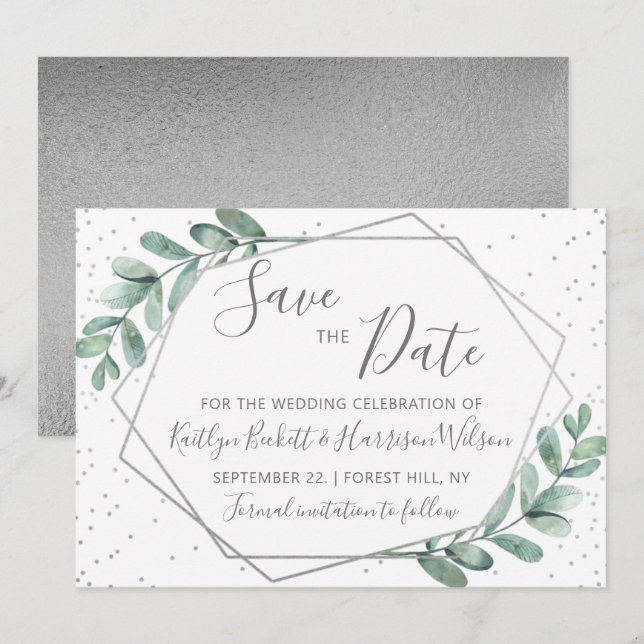 Save The Date Mariage géométrique en argent Eucalyptus (Devant / Derrière)